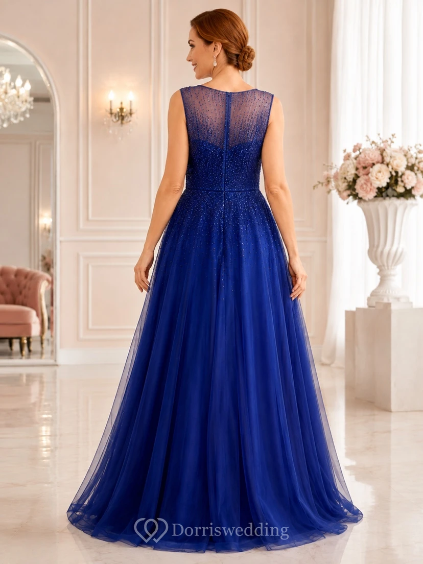 Royal Blue Illusion Jewel Sequined Tulle A-Line Floor-Length Luxury Gown view 2