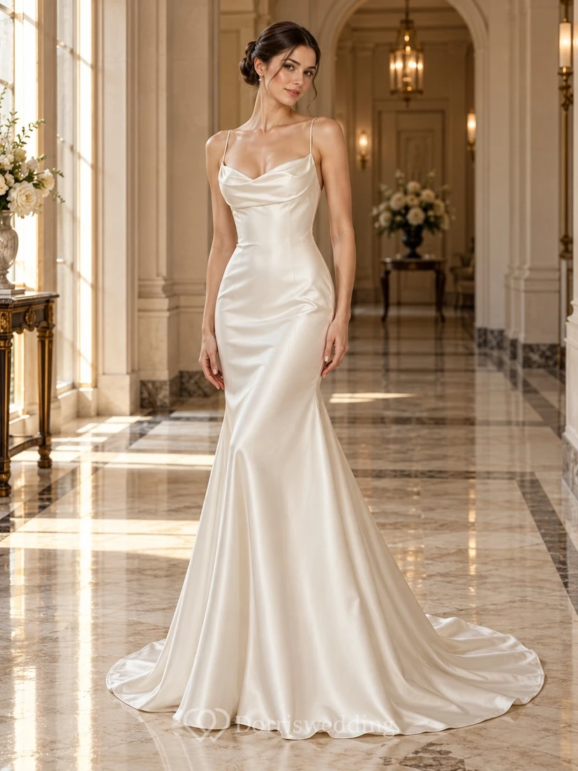 Simple Open Back Cowl Neck Spaghetti Satin Mermaid Wedding Dress