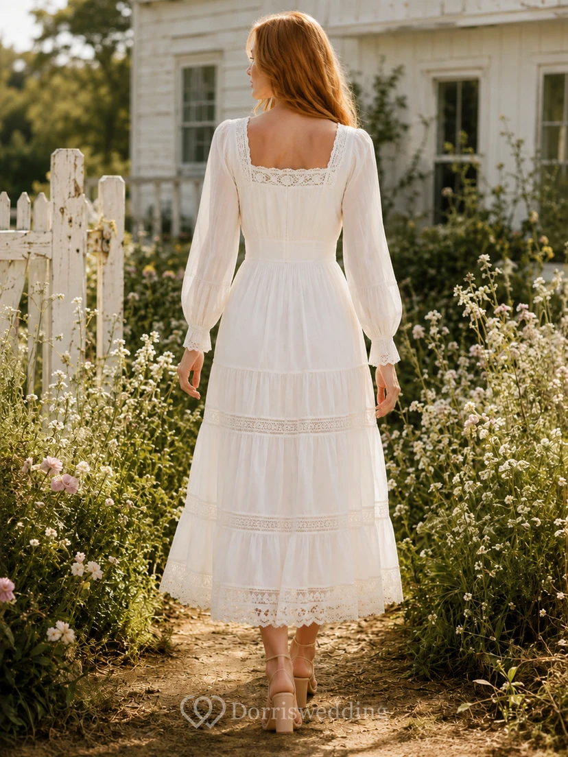 Robe de mariée bohème vintage à col carré, manches bouffantes, volants en dentelle et mousseline, longueur thé view 2