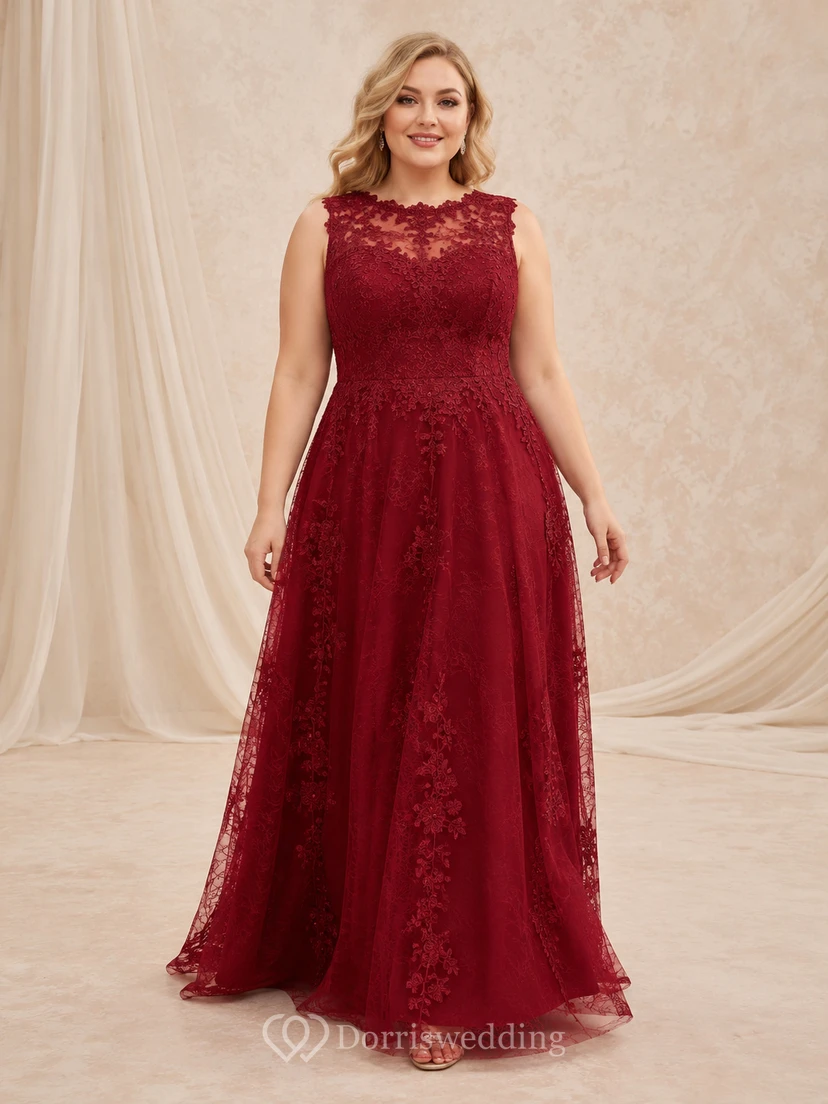 Red Plus Size High Neck Sleeveless Lace Wedding Dress