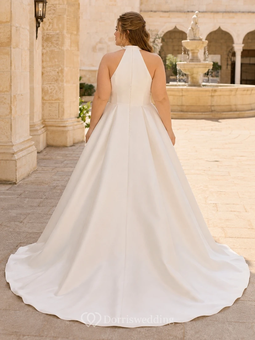 Vestido de novia formal sencillo con escote halter y corte en A, talla grande. view 2