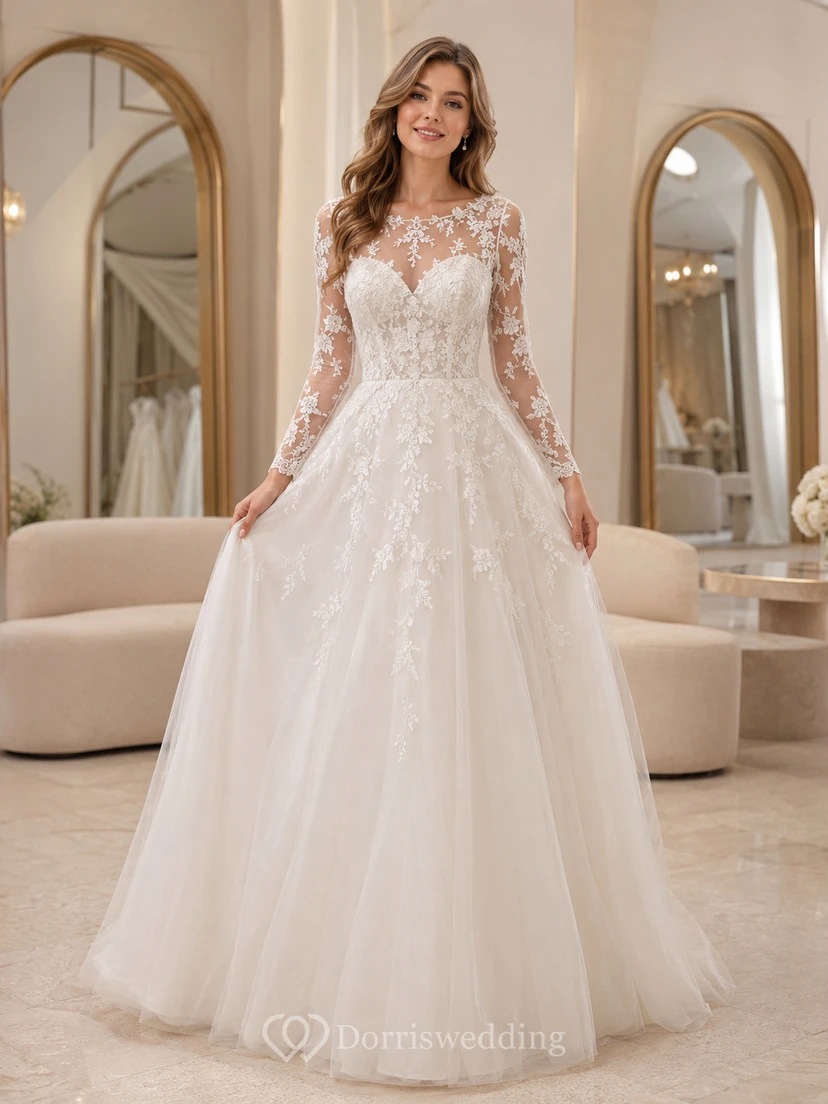 Robe de mariée classique en dentelle et tulle transparent, col montant, manches longues transparentes, coupe trapèze, traîne chapelle, applications florales, dos illusion