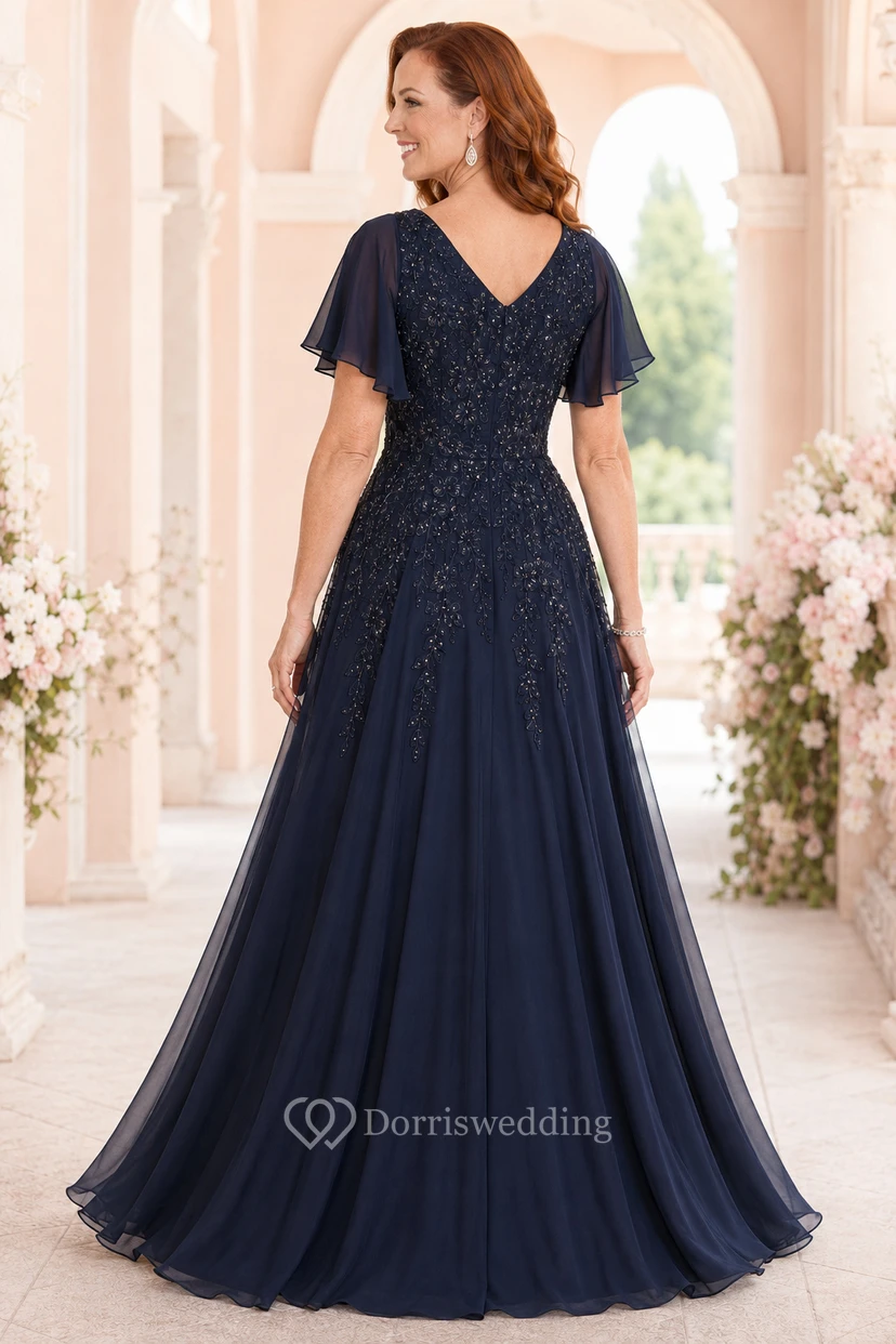 Dark Navy V-Neck Chiffon A-Line Mother Dress with Flutter Sleeves and Lace Bodice view 2