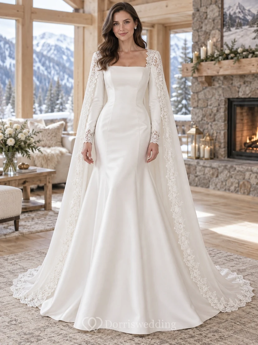 Vestido de novia de invierno con capa de satén, cuello cuadrado, manga larga y borde de encaje, estilo sirena.