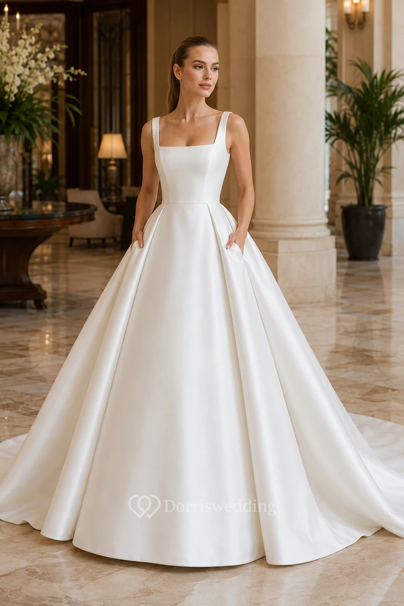 Vestido de novia de satén, estilo princesa, con detalle de tirantes y cola larga.