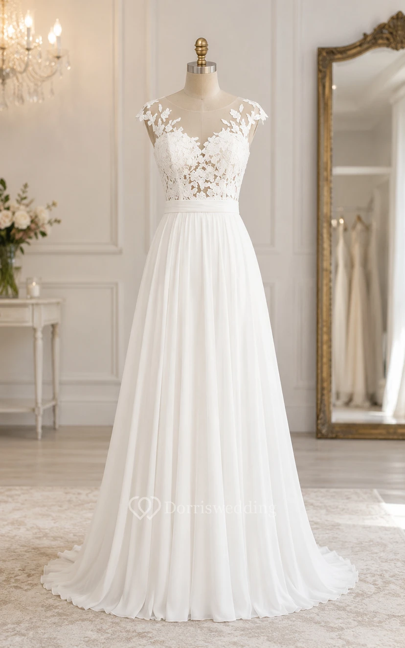 Robe de mariée en mousseline blanche à manches courtes et dentelle illusion, coupe trapèze view 7