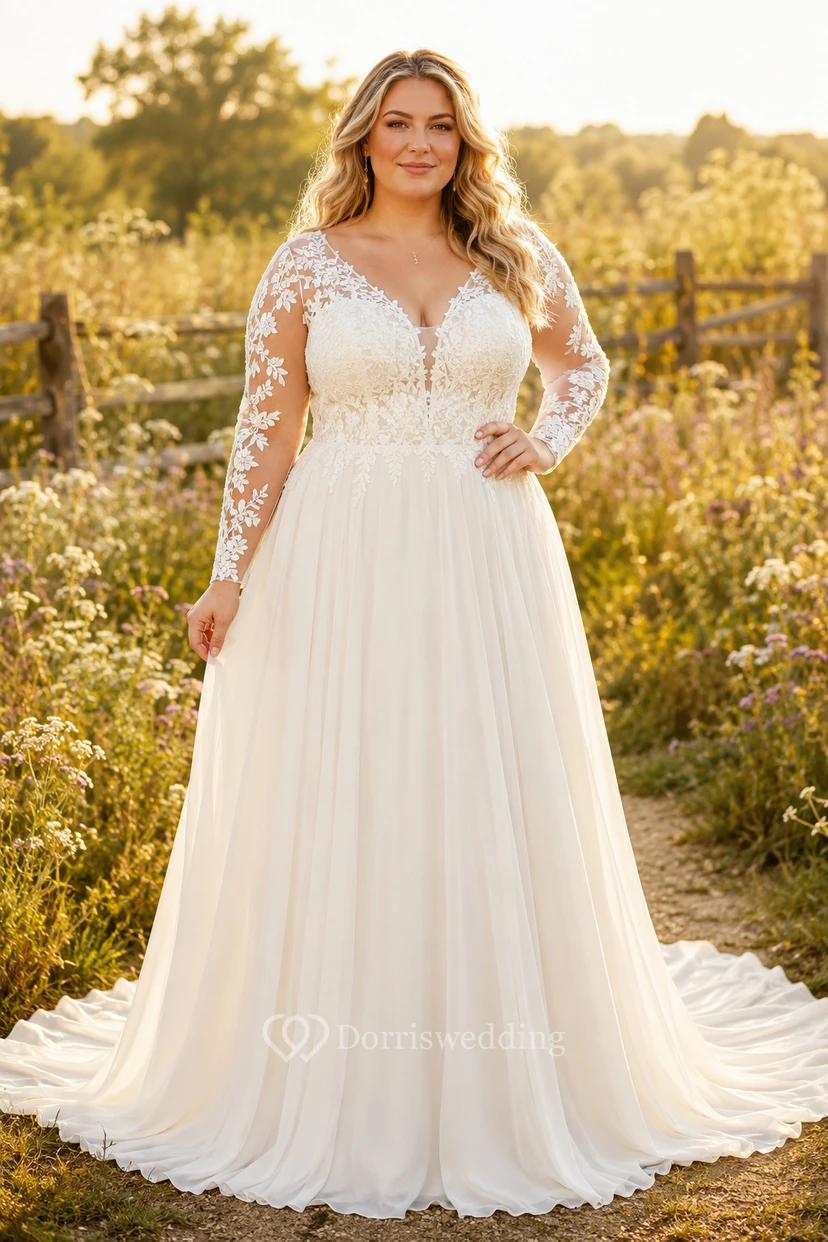 Plus Size Langarm-Hochzeitskleid aus Spitze in A-Linie