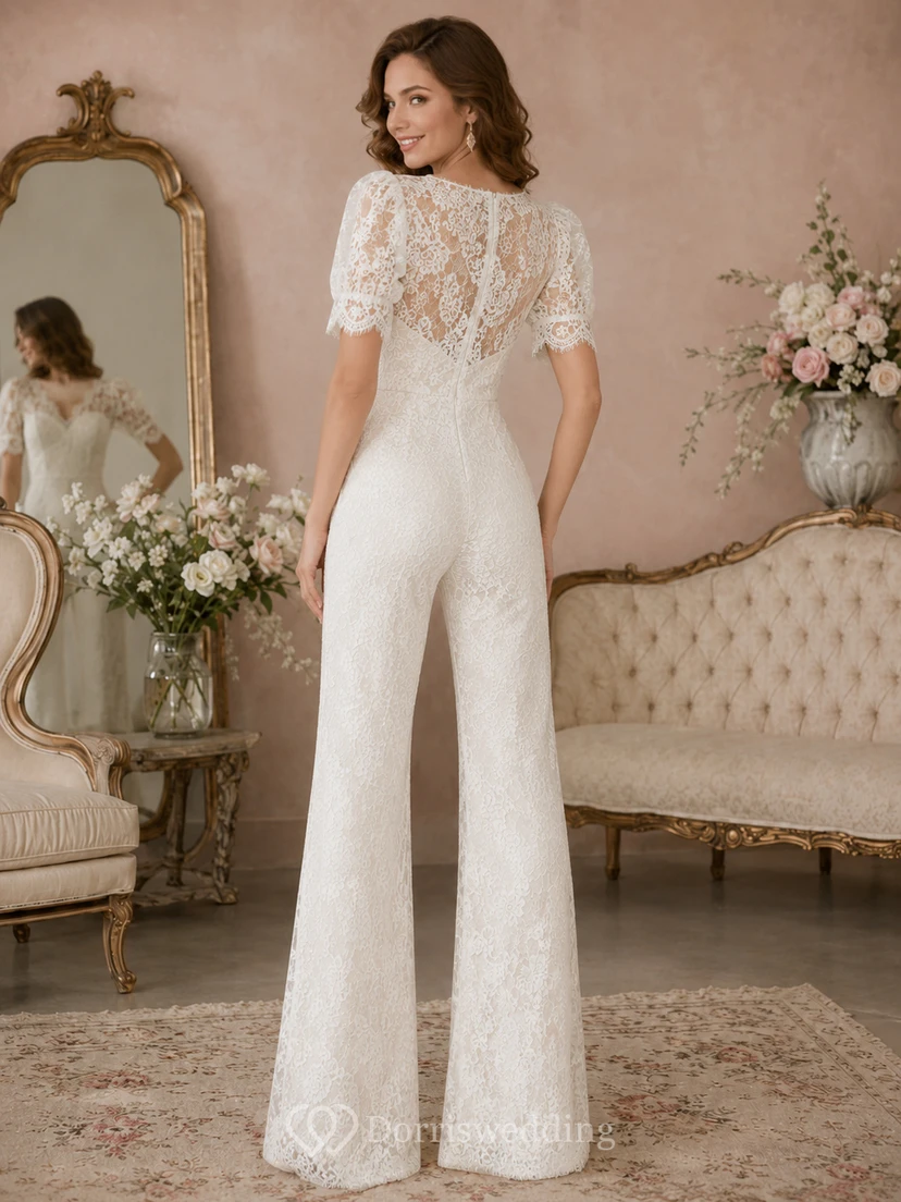 Vintage Allover Lace Bridal Jumpsuit Sweetheart Bodice Short Sleeves Flared Legs view 2