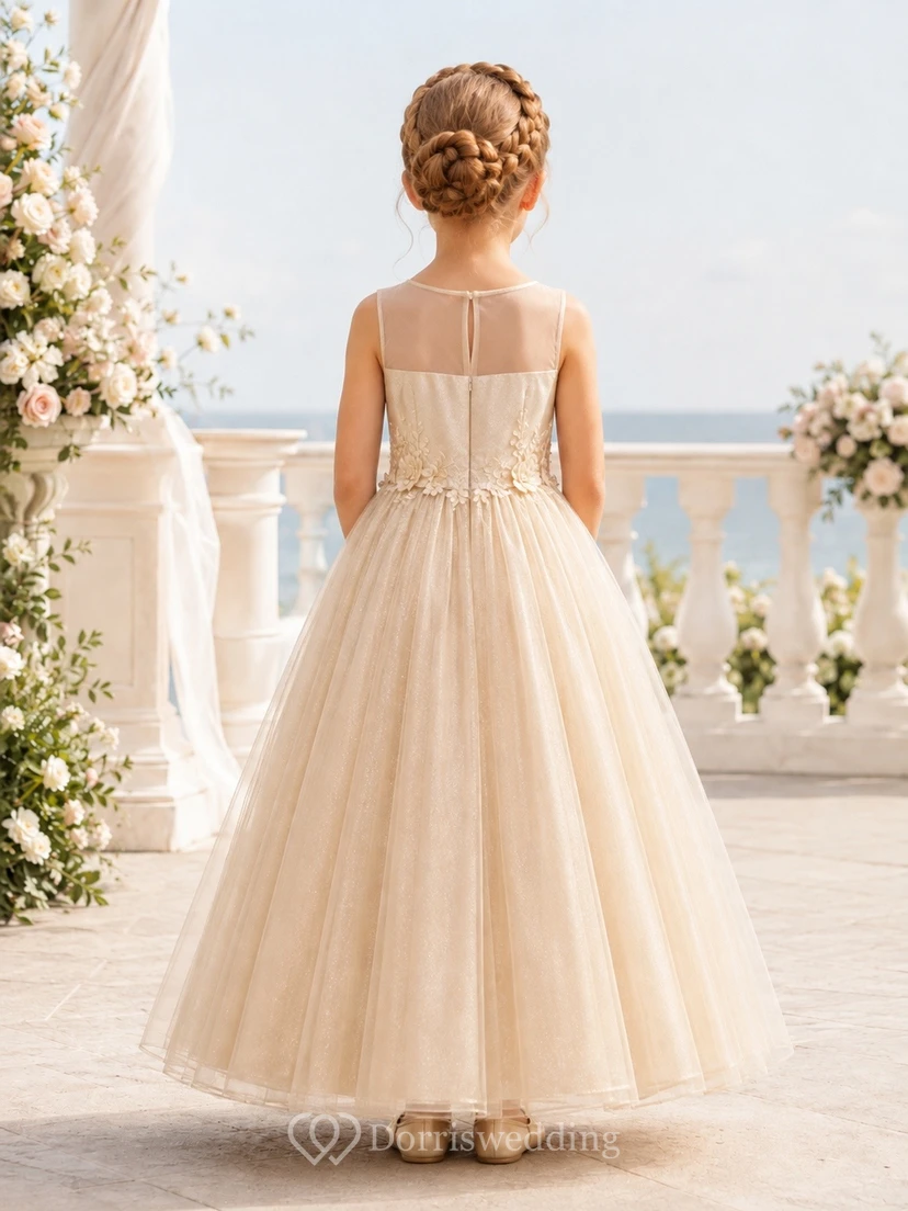 Champagne Square Neck Sleeveless Tulle A-Line Tea-length Romantic Flowergirl Dress view 2