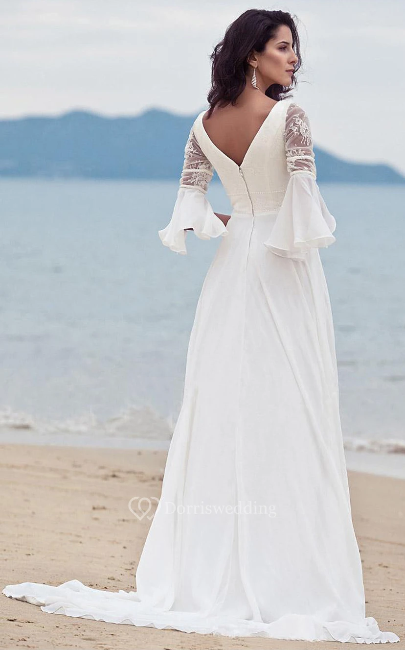 Schlichtes Brautkleid aus Chiffon mit V-Ausschnitt, A-Linie und bodenlangen, halben Ärmeln view 2