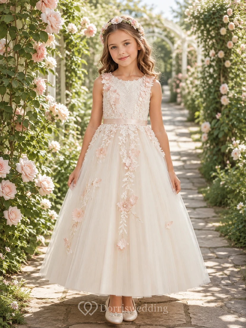 Blumenmädchenkleid aus elfenbeinfarbener Spitze und Tüll, A-Linie, Rundhalsausschnitt, Teelänge, florale Applikationen