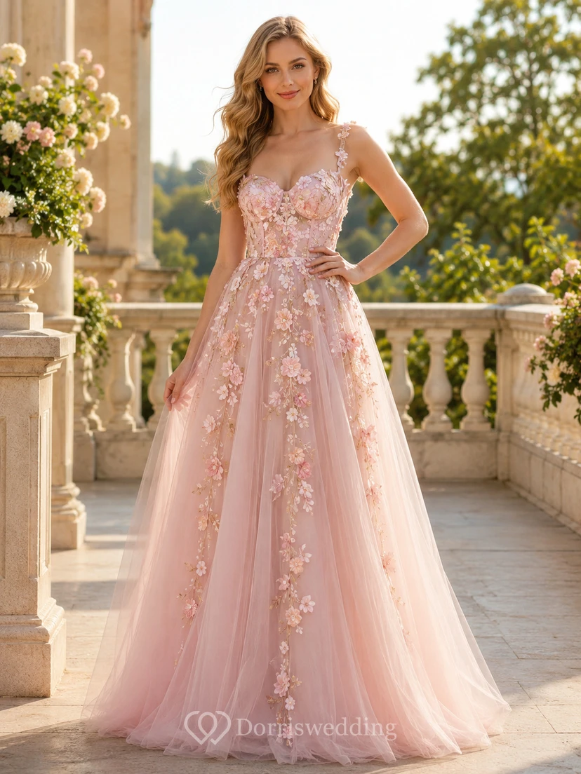 Blush Floral Applique Tulle A-Line Evening Dress