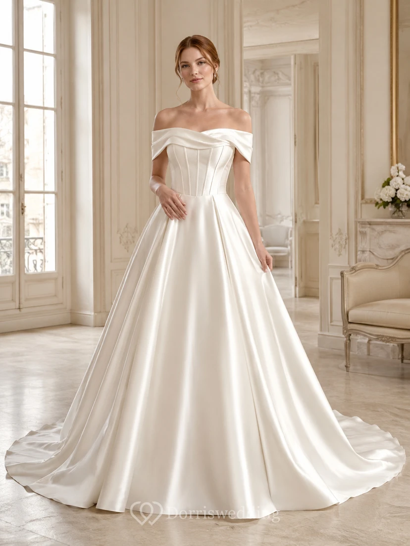 Robe de bal élégante en satin à épaules dénudées et traîne chapelle