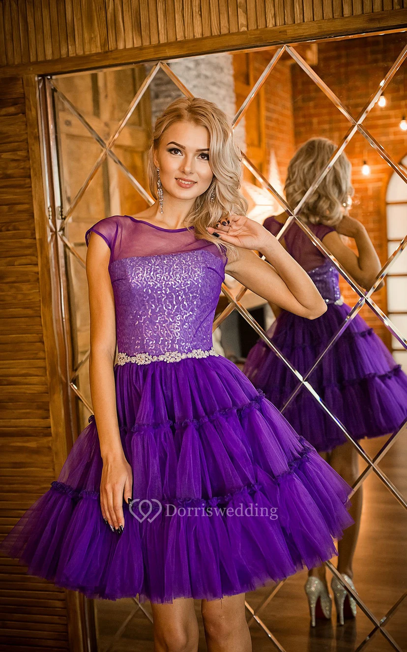 A-Line Sweep High-Neck Short Sleeve Satin Appliques Beading Illusion Dress view 2