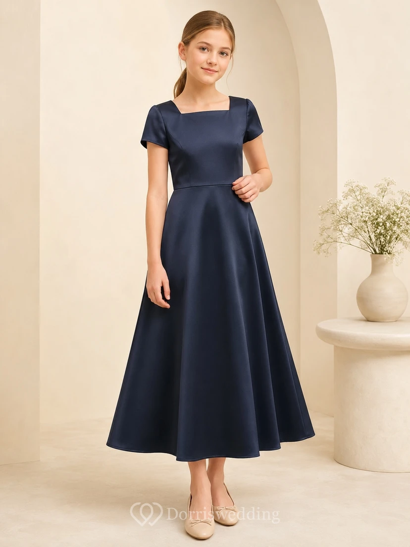 Dunkelblaues Brautjungfernkleid für junge Mädchen, A-Linie, eckige kurze Ärmel, Satin, elegant