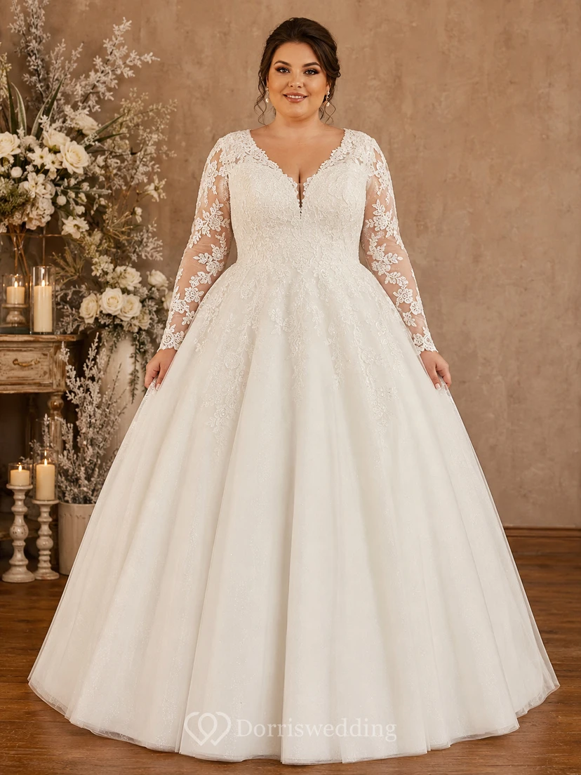 Plus Size Winter Ballkleid mit Spitzenärmeln Hochzeitskleid