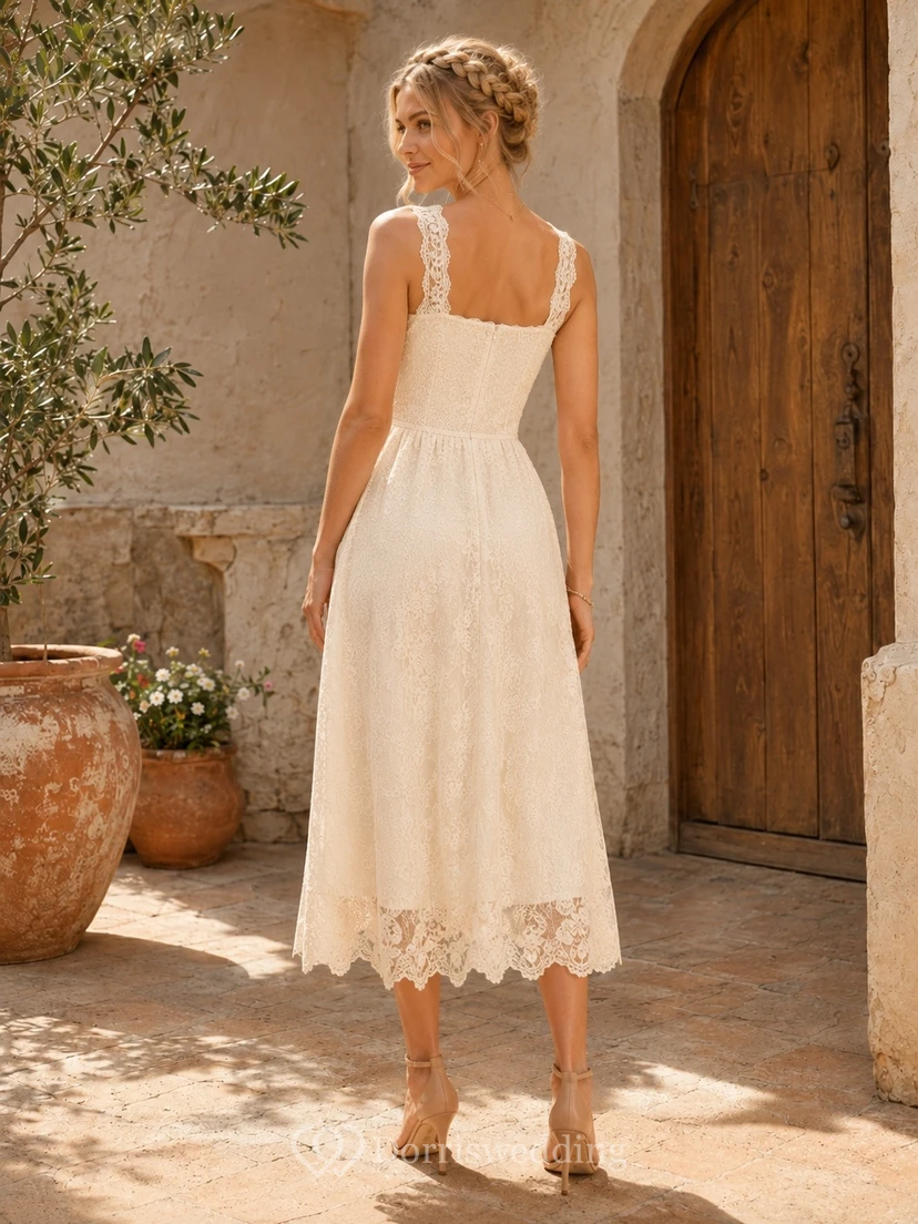 Vestido romántico sin mangas de encaje color crema con escote cuadrado y tirantes, largo hasta la rodilla view 2