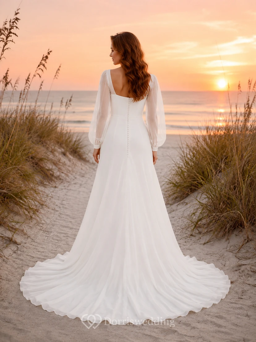 Fall Beach Square Neck Lightweight Sleeve Wedding Dress view 2