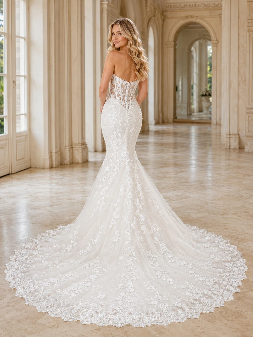 Trägerloses, herzförmiges Meerjungfrauen-Brautkleid aus Spitze mit luxuriöser Kathedralenschleppe view 2