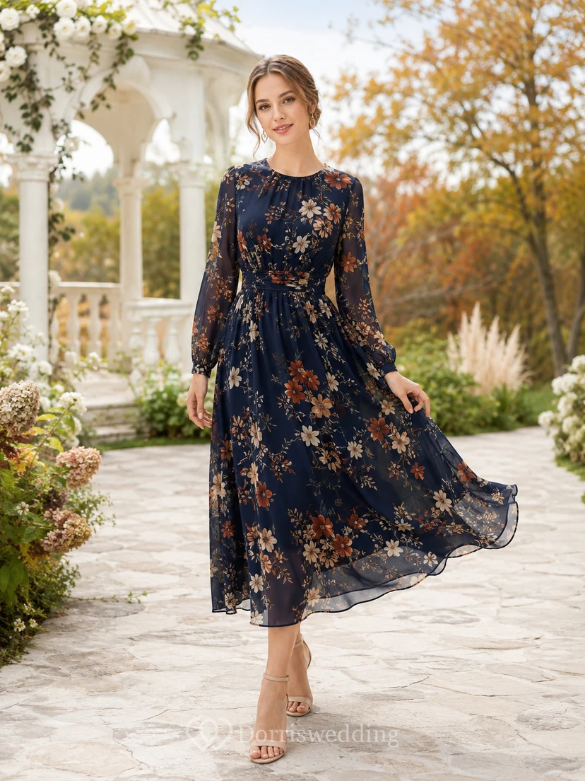 Robe midi d'invitée en mousseline à fleurs bleu marine foncé, col montant, col montant