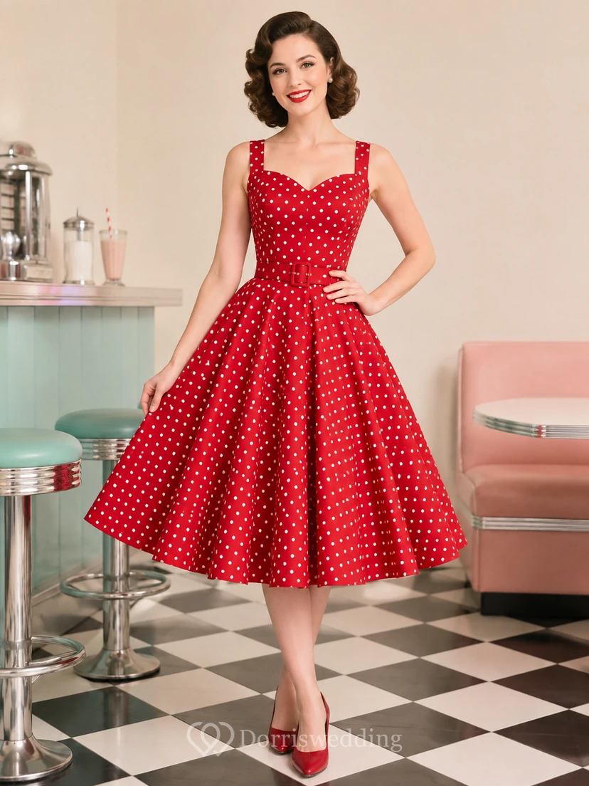 Vestido de cóctel vintage rojo de lunares, sin mangas, de algodón, corte en A, largo hasta la rodilla