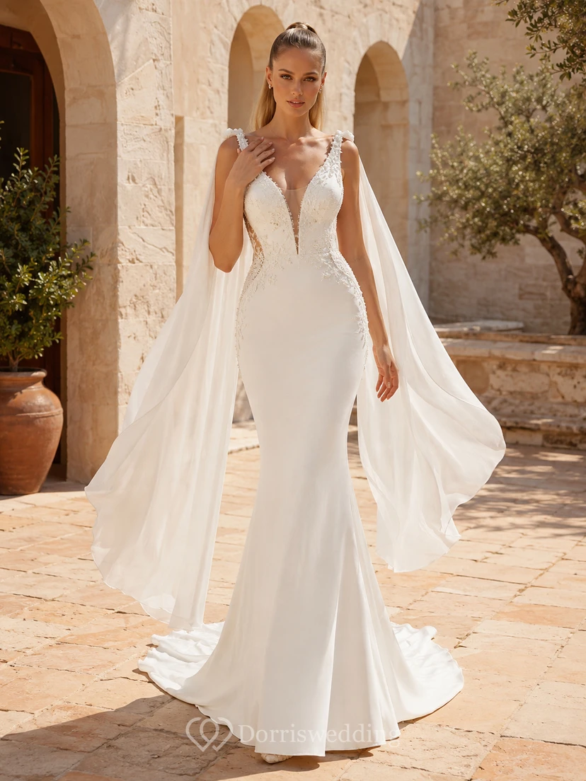 Robe de mariée sirène moderne à bretelles en V profond et cape en dentelle avec traîne courte