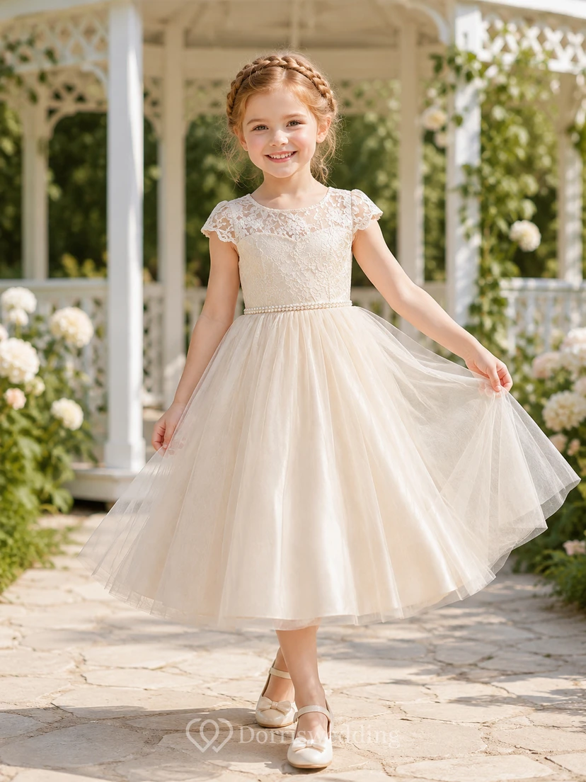Romantic Tulle Tea-Length A-Line Lace Cap Sleeve Sash Flower Girl Garden Wedding Dress