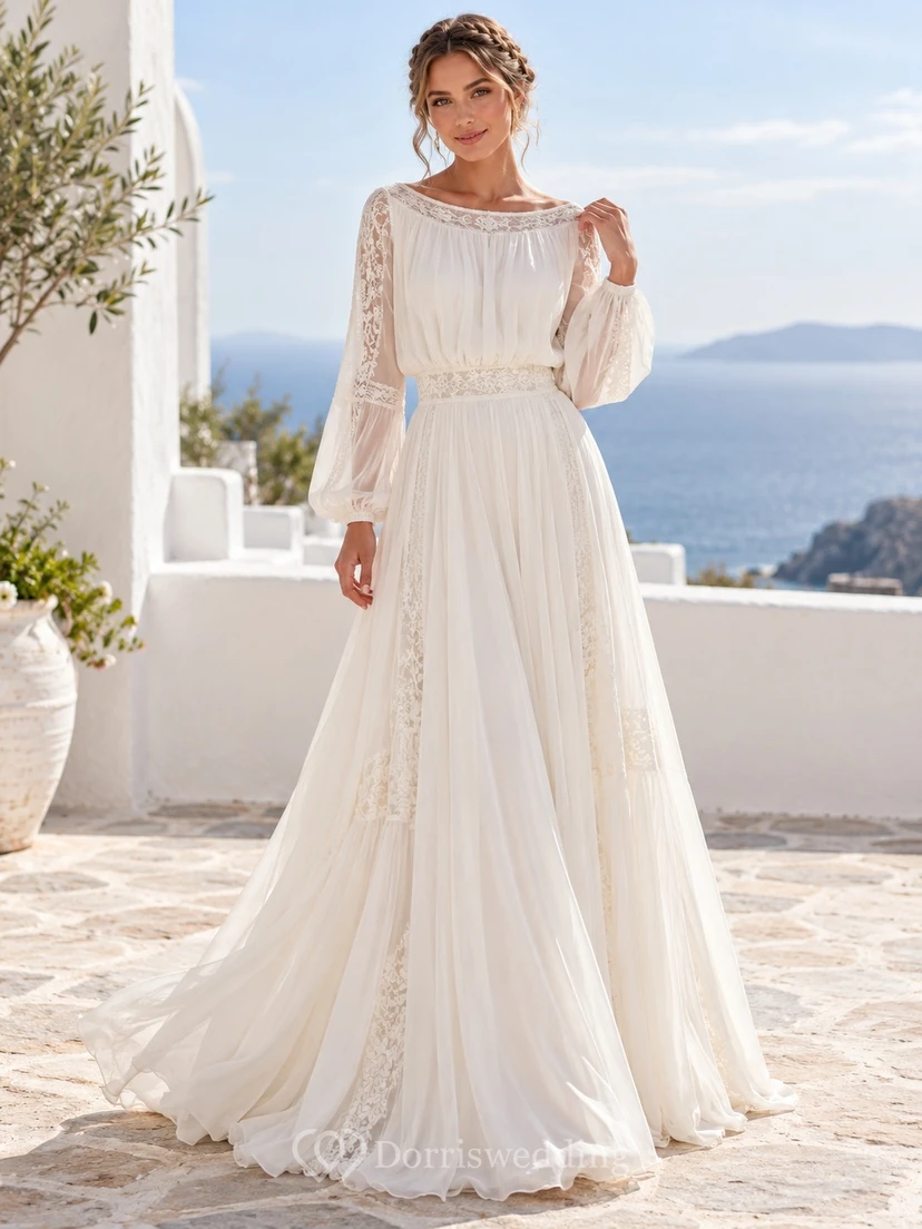 Vestido de novia bohemio con escote barco, manga larga, encaje y gasa, corte A y cola.
