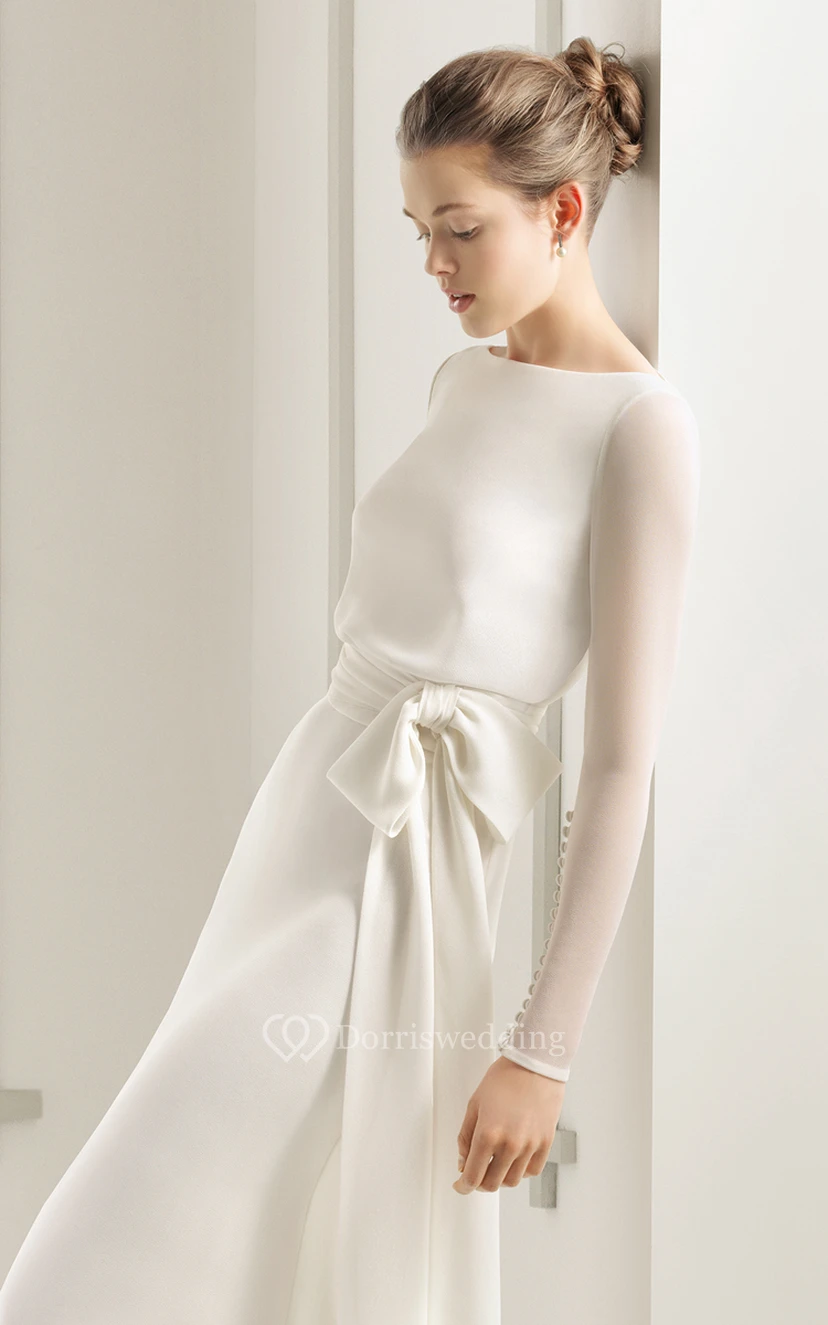 Fließendes, langärmeliges Kleid zur Erneuerung des Eheversprechens mit Schleife und Zierknöpfen view 2