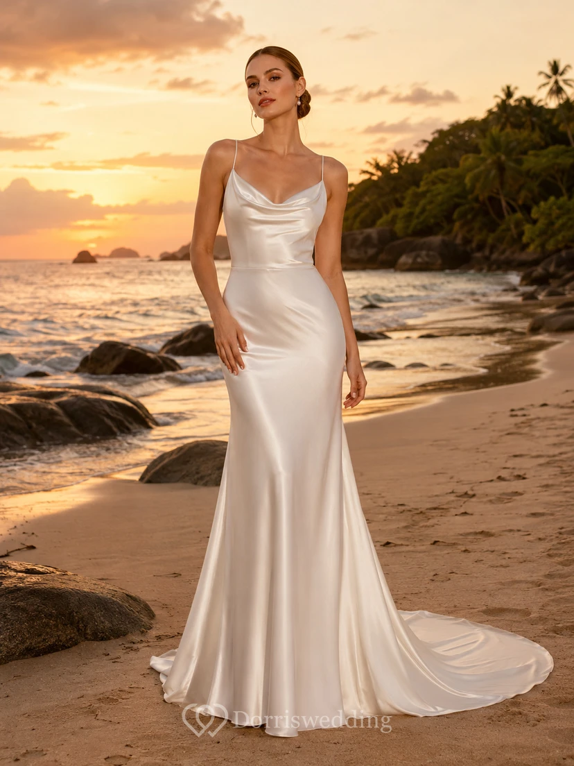 Robe de mariée sirène élégante en satin à bretelles spaghetti et col bénitier pour une destination tropicale