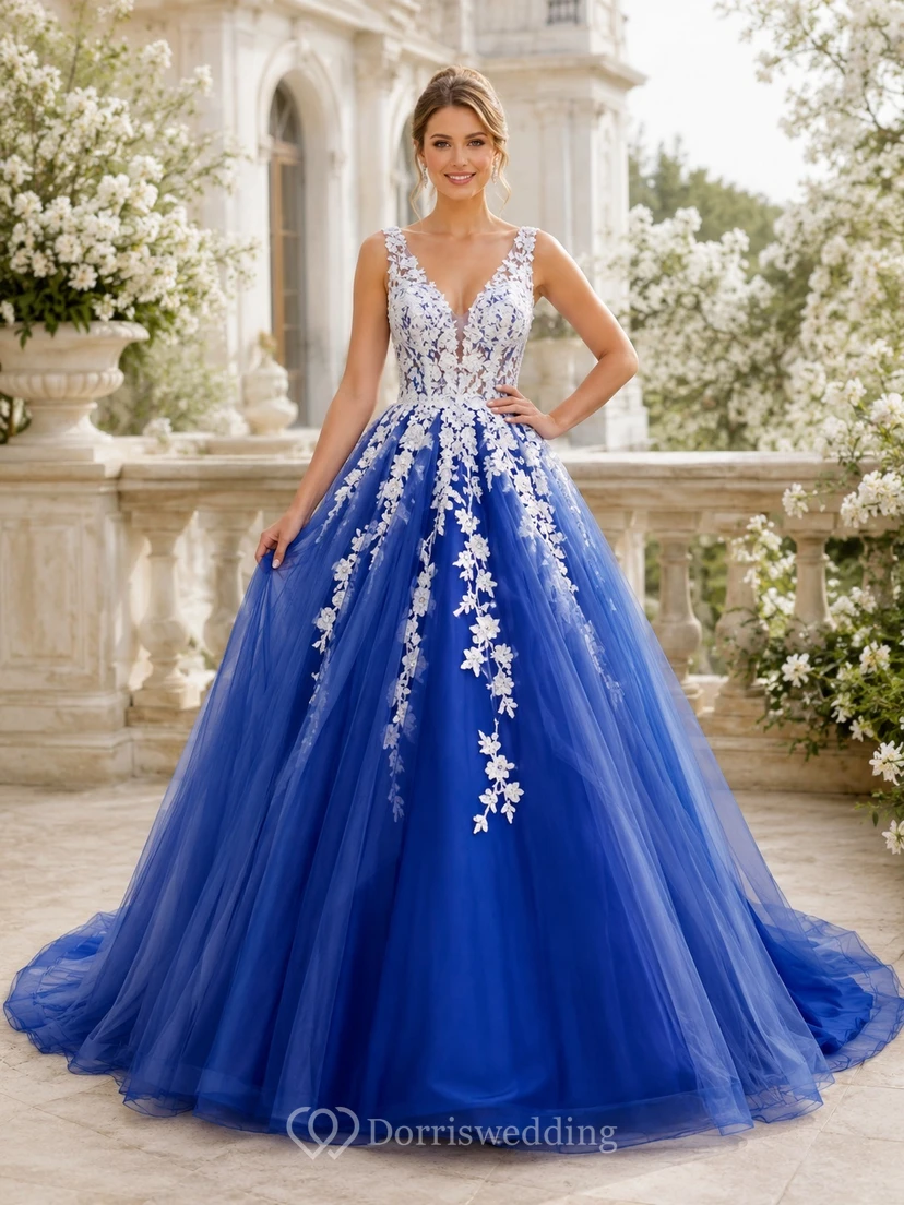 Royal Blue Airy Ball Gown V-Neck Sleeveless Chiffon Tulle Bohemian Wedding Gown
