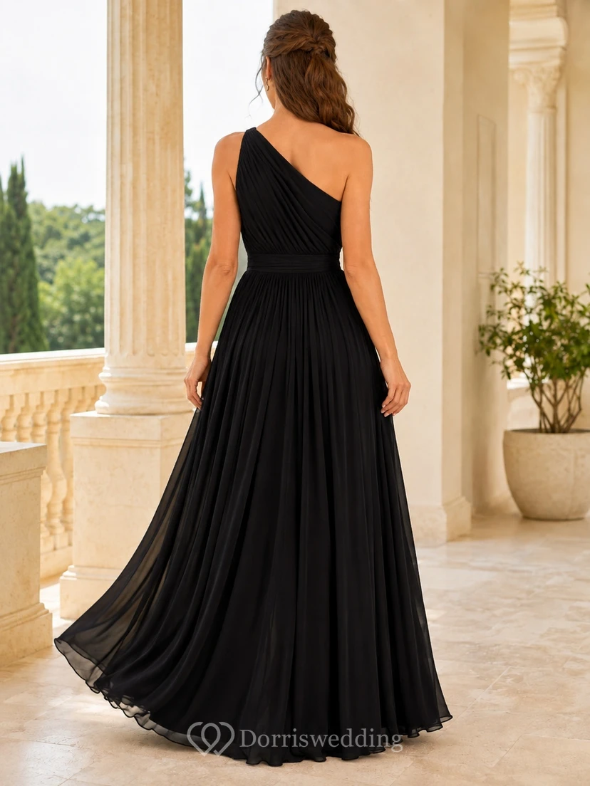 Black One-Shoulder Chiffon A-Line Floor-Length Split Elegant Evening Gown view 2