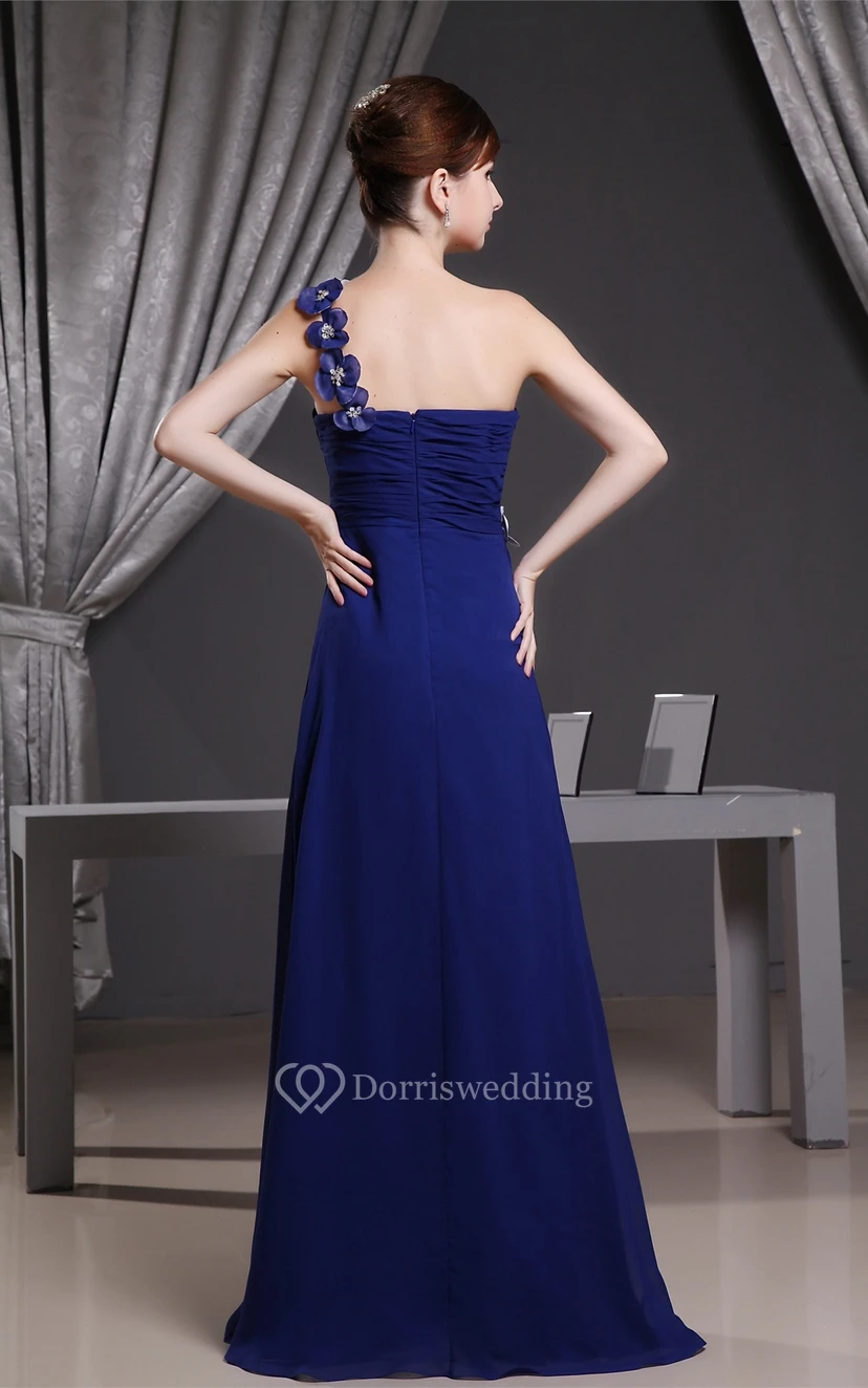 One-Shoulder Chiffon Maxi Ruched Dress With Flower view 5