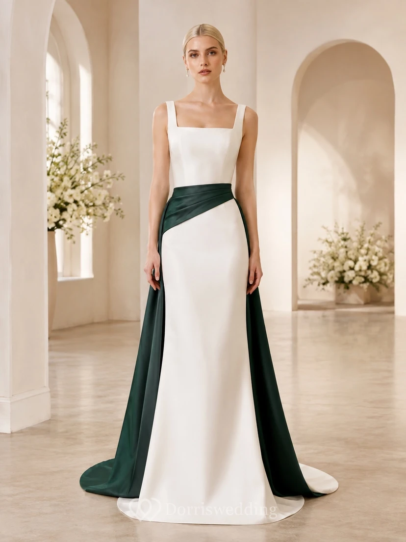 Smaragdgrünes, drapiertes, ärmelloses Brautkleid mit Schleppe, quadratischem Ausschnitt und elegantem Schnitt