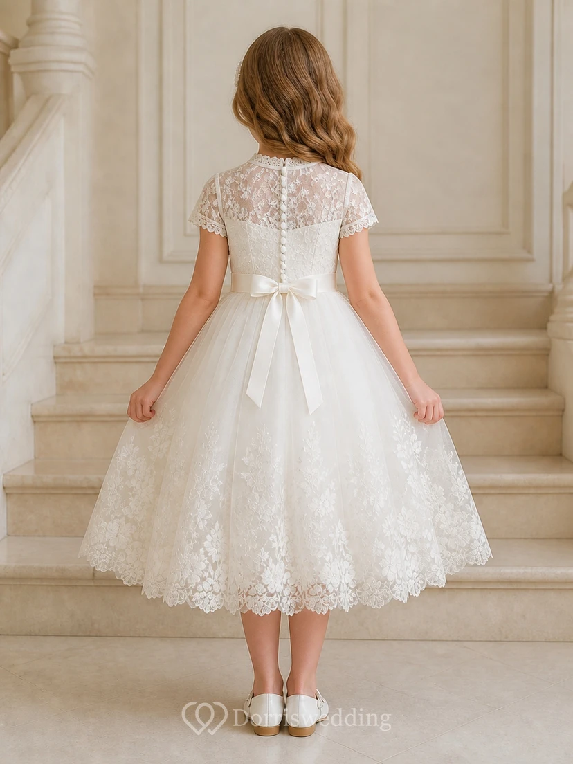Modest Tea-length Ball Gown High Neck Short Sleeve Lace Flowergirl Dress view 2