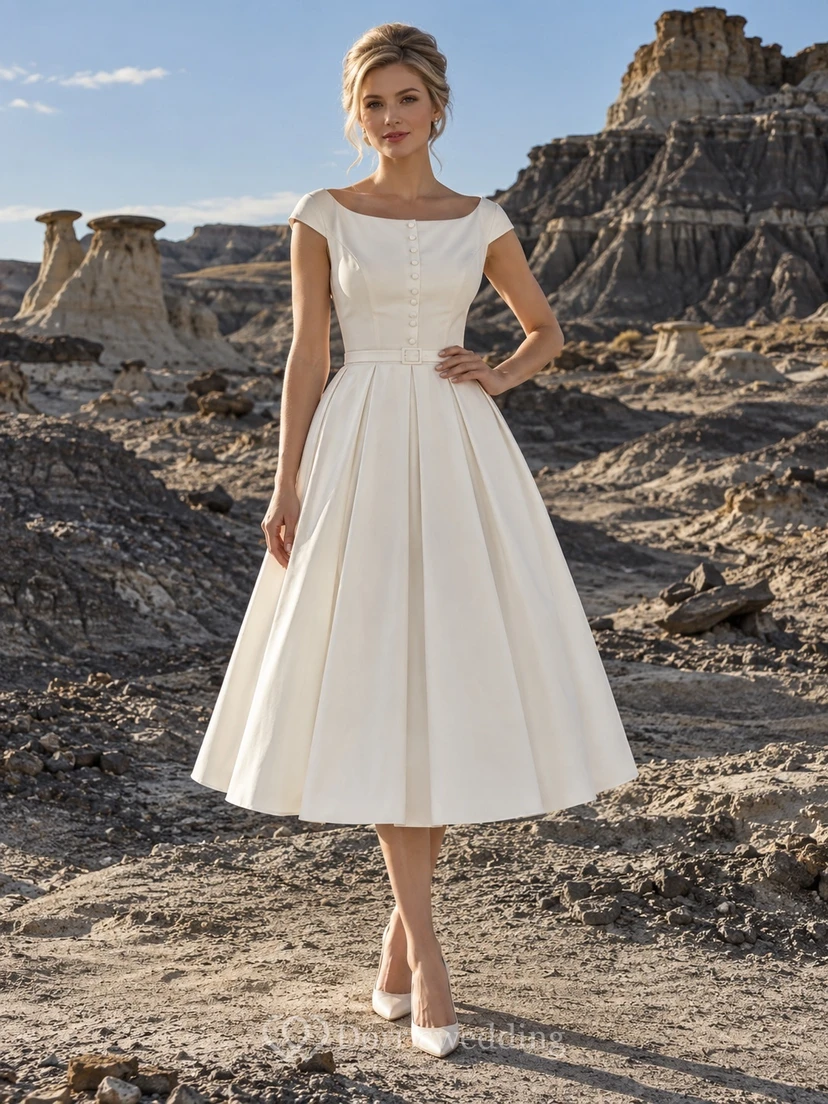 Vestido de novia vintage de popelina de algodón plisada, corte en A, largo hasta la rodilla, cuello barco, manga corta