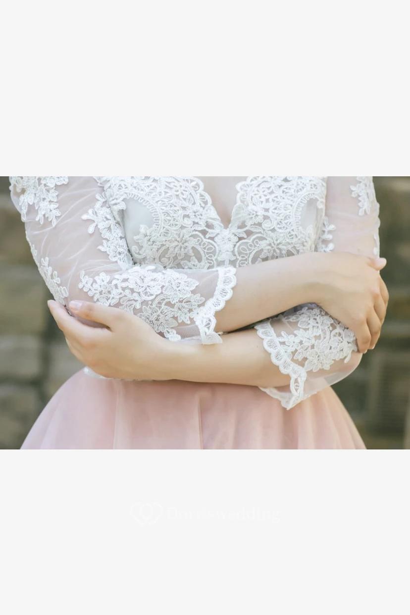 3/4-Ärmel, bezauberndes Brautkleid aus Spitze mit V-Ausschnitt und Schleife view 4