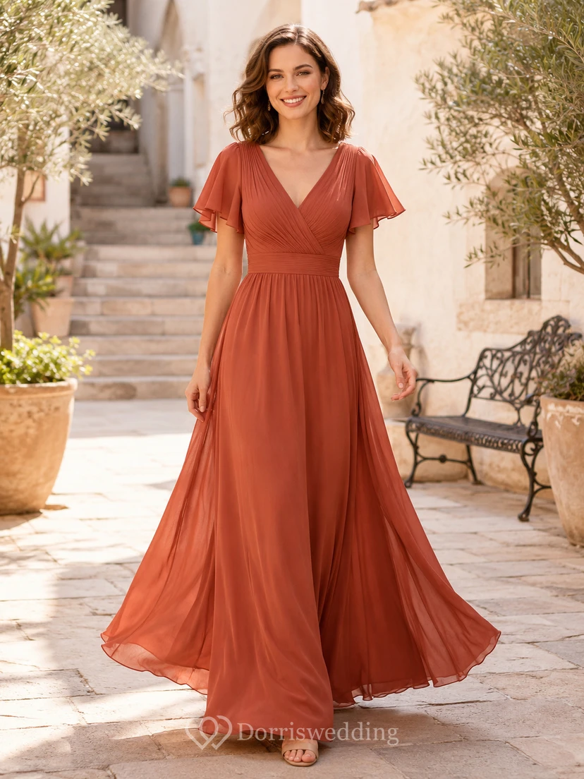 Papaya Courtyard A-Line Chiffon Bridesmaid Dress with V-Neck Flutter Sleeve Bodice, Pleated Floor-Length Skirt and Low V Back