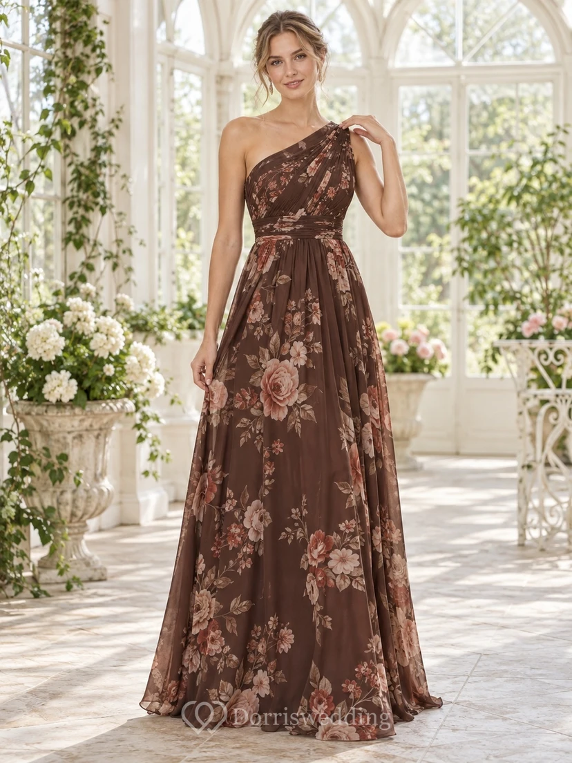 Vestido de dama de honor de gasa largo hasta el suelo con estampado floral color chocolate, un solo hombro y drapeado.