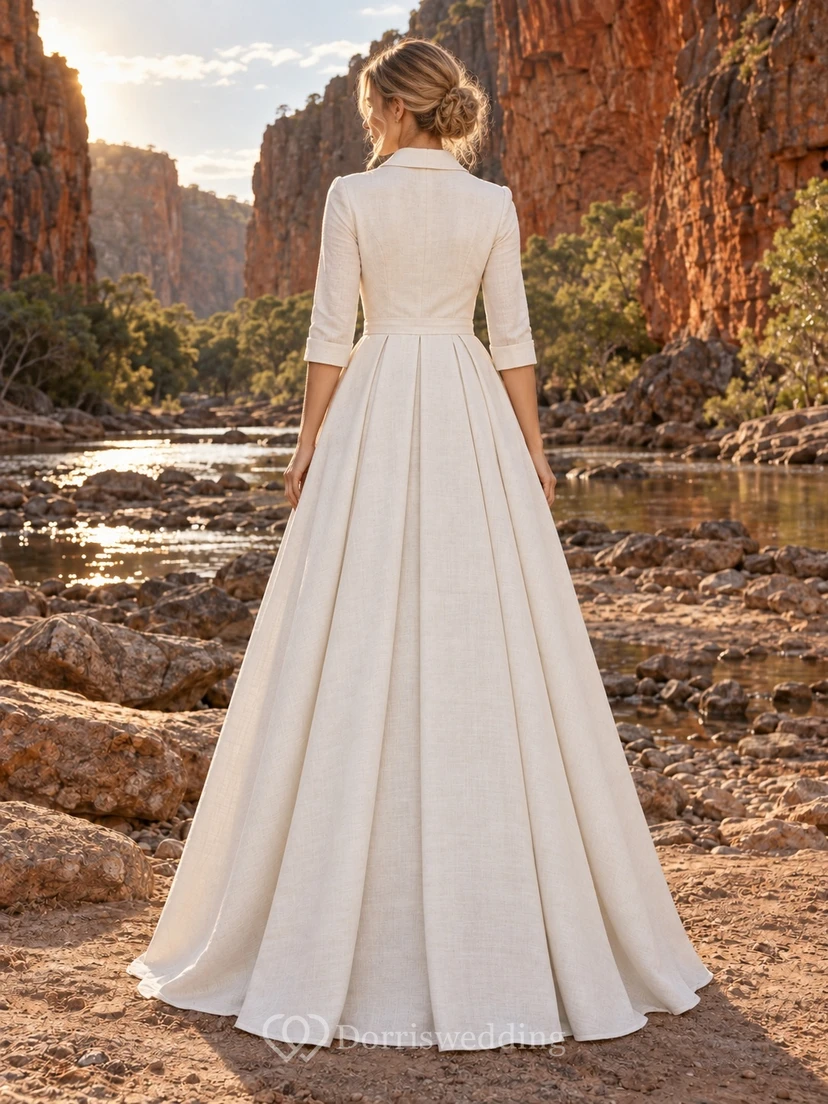 Schlichtes Brautkleid aus Satin mit V-Ausschnitt, Kragen, Dreiviertelärmeln und A-Linien-Schnitt view 2