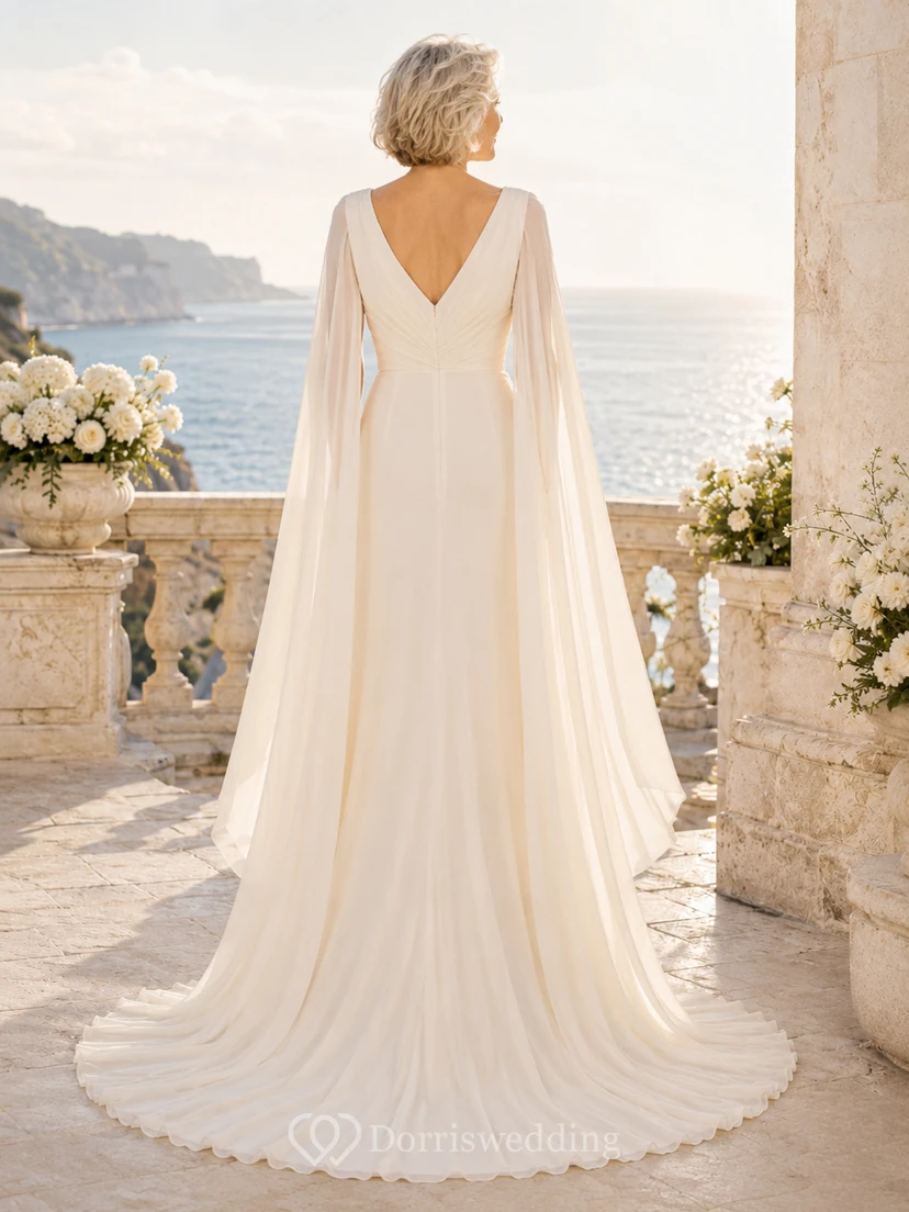 Chiffon-Hochzeitskleid, A-Linie, V-Ausschnitt, ärmellos, Kapellenschleppe, tiefer V-Ausschnitt am Rücken view 2
