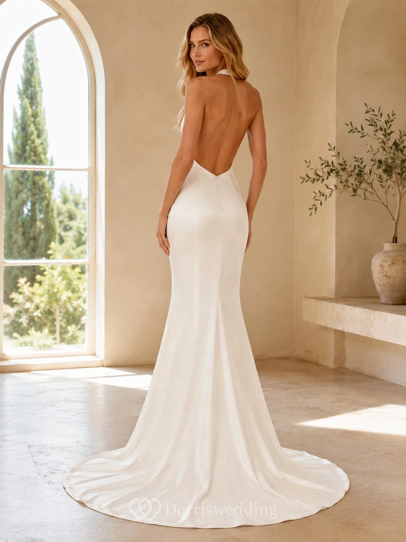Vestido de novia sencillo de sirena con escote halter y espalda baja hasta el suelo view 2