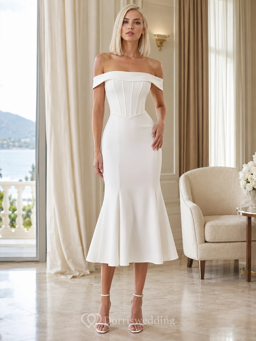 Sculpted Matinee White Mermaid Tea-Length Off-Shoulder Short-Sleeve Stretch-Satin Sexy Cocktail Dress