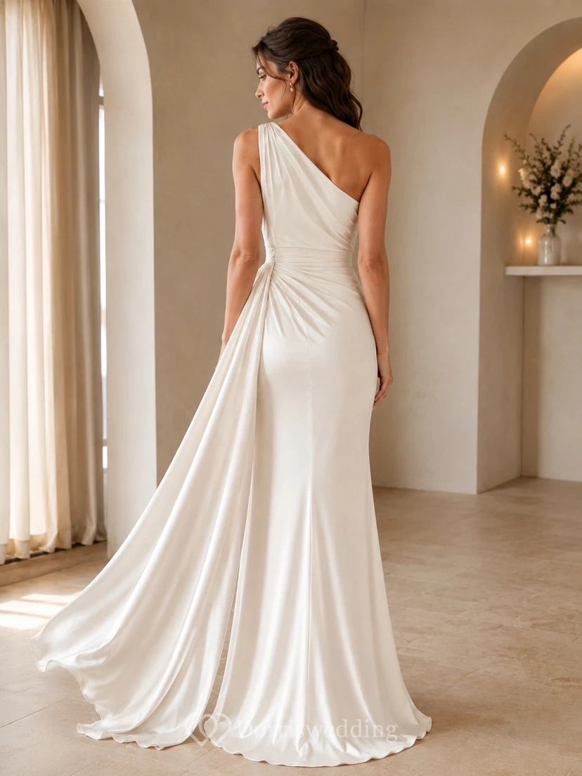 Schlichtes, bodenlanges, ärmelloses, formelles Brautkleid mit One-Shoulder-Ausschnitt view 2