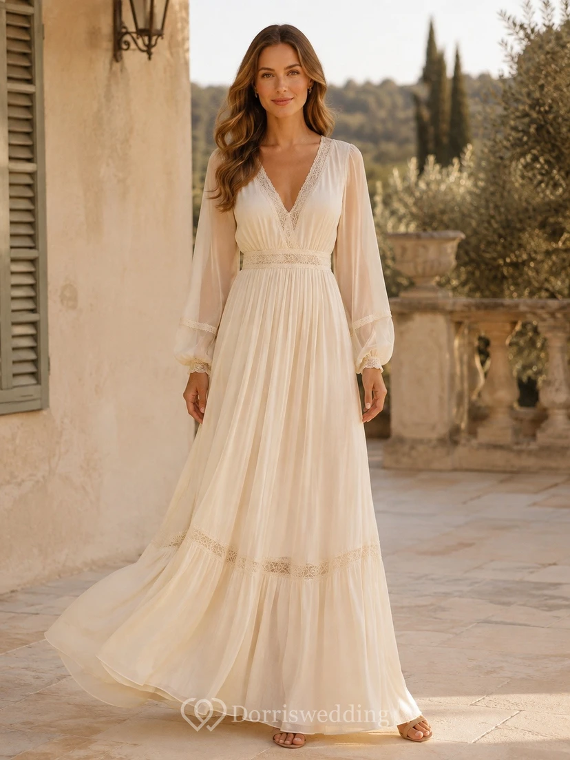 Cream Chiffon V-Neck Long Sleeve Tiered Floor-Length A-Line Bohemian Dress