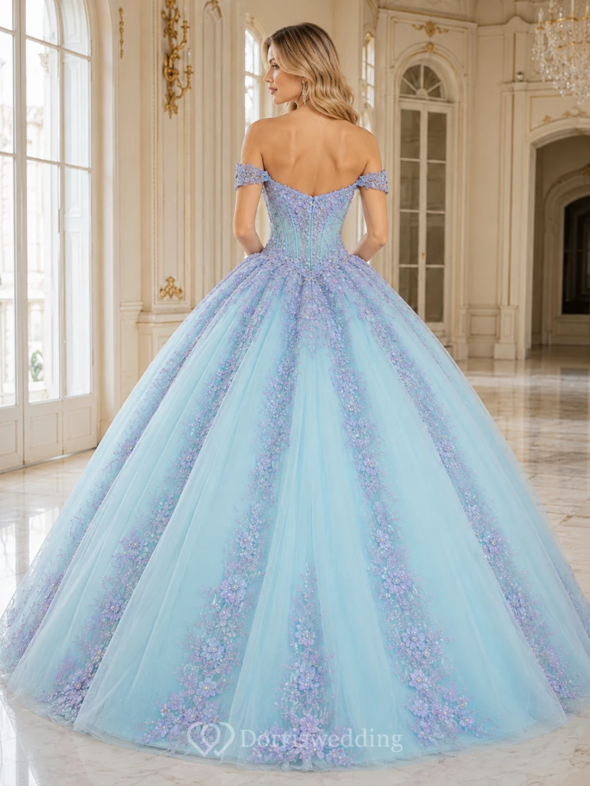 Robe de bal de princesse bleu ciel lilas luxueuse à épaules dénudées et à motif ombré pour quinceañera view 2