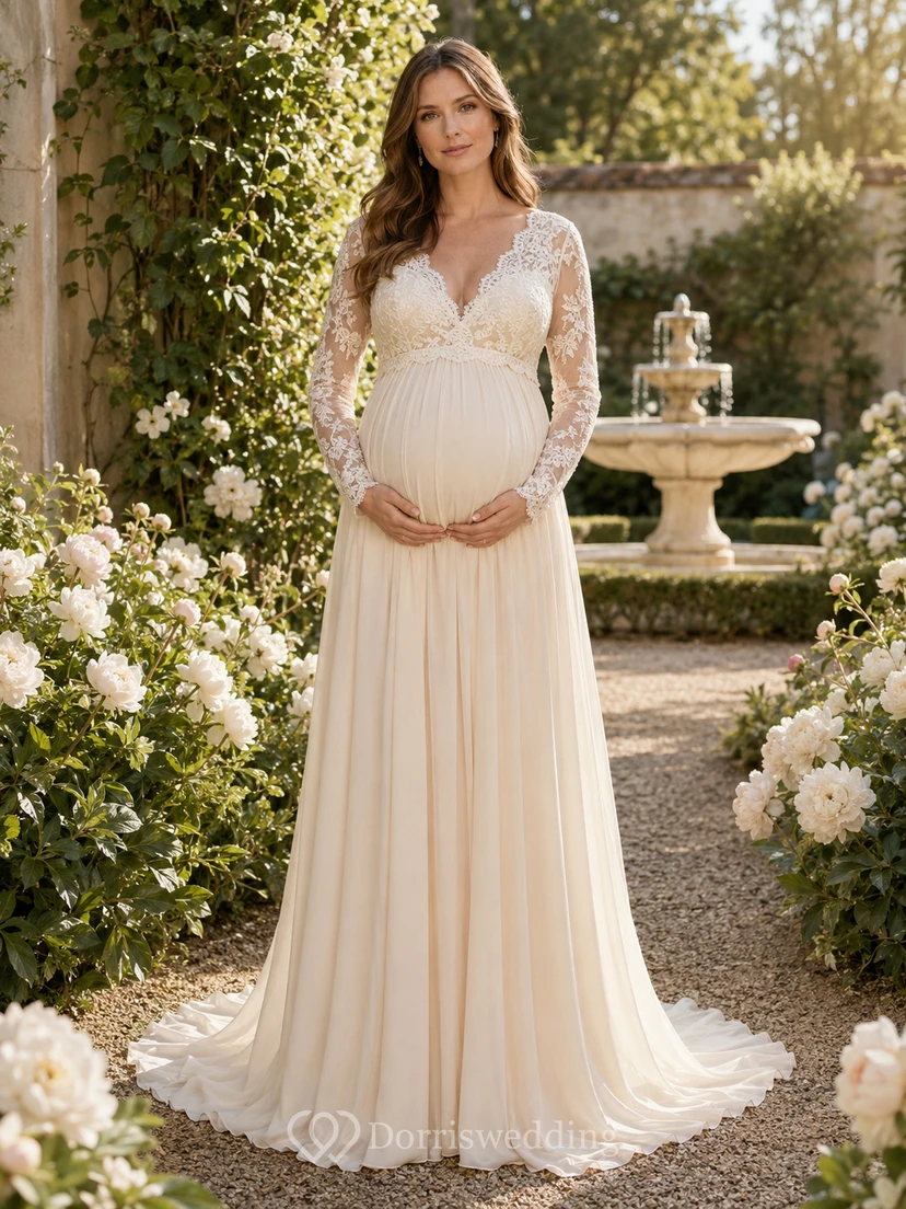 Umstandsbrautkleid, langärmelig, V-Ausschnitt, Oberteil aus Spitze, A-Linie, Chiffon, Gartenkleid