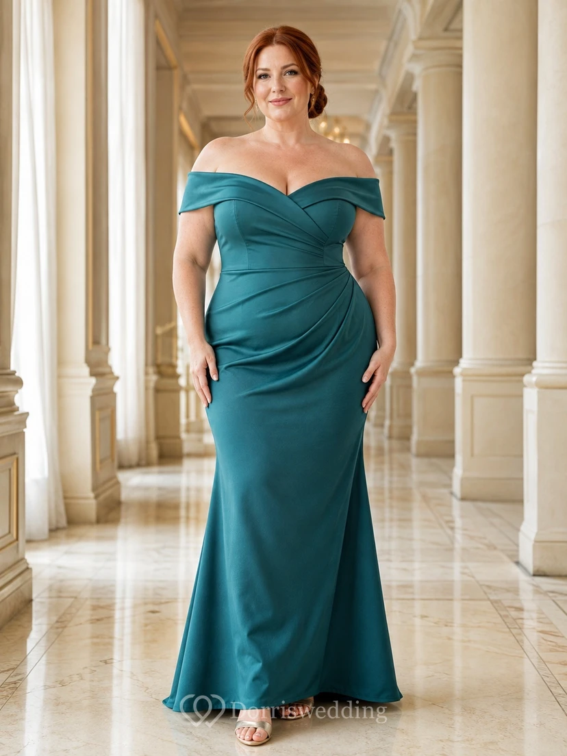 Elegantes, bodenlanges Brautkleid aus dunkelgrünem Satin in Übergröße mit schulterfreiem Ausschnitt