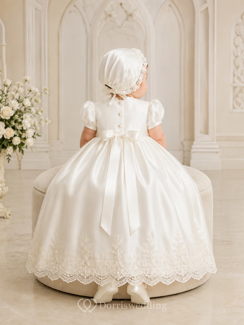 Vestido de satén y encaje de corte A con mangas abullonadas para bautizo de bebé. view 2