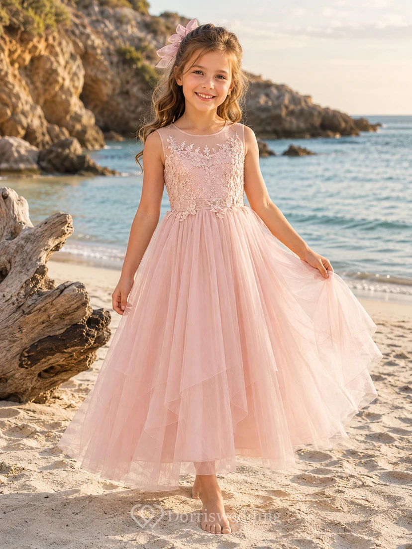 Blumenmädchenkleid aus perlmuttrosa Spitze und Tüll, A-Linie, Rundhalsausschnitt, Teelänge